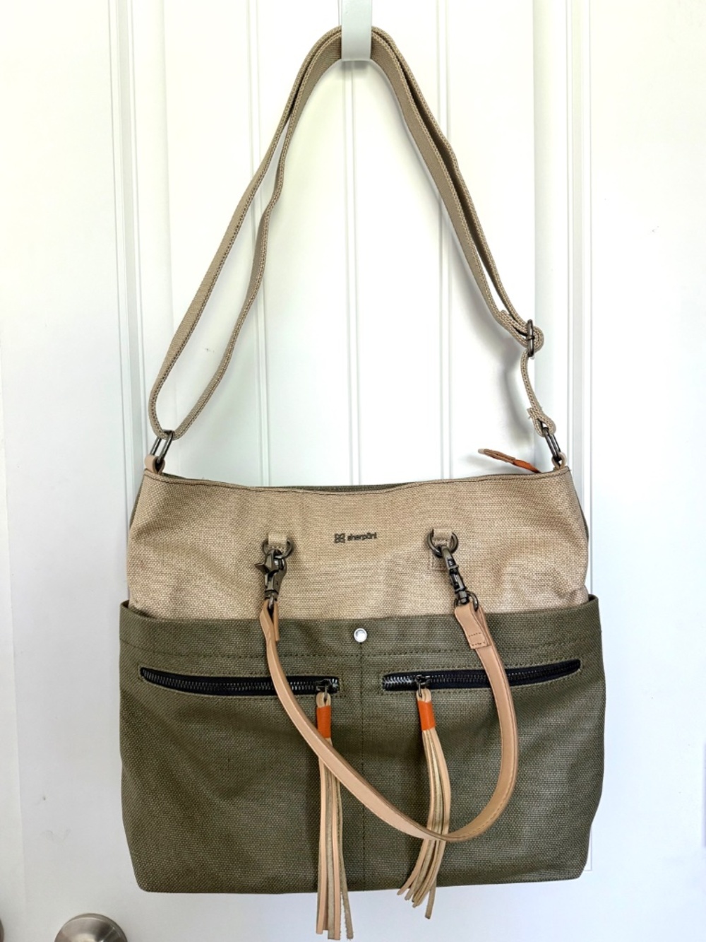 Sherpani Ink Faith Green Tan Crossbody Bag Leather Trim Dual Handles NWT